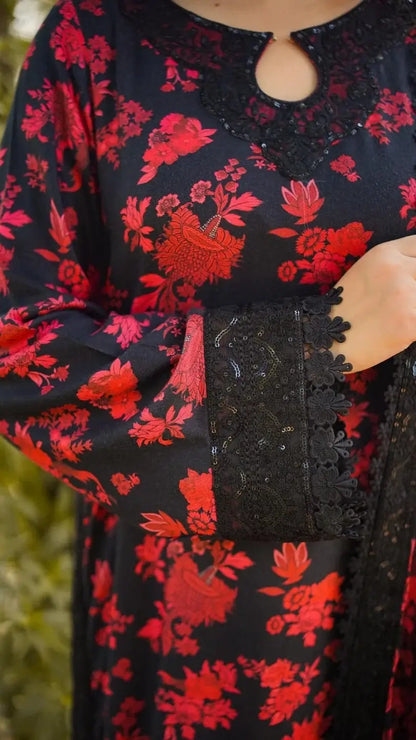 Black & Red Floral Printed Unstitched 3 Piece Suit with Lace Detailing
