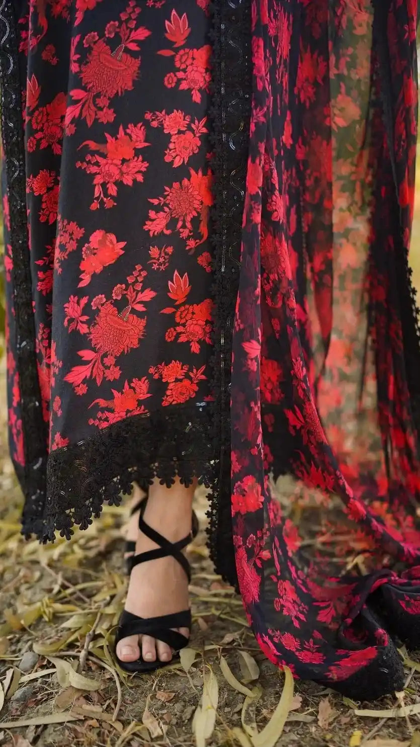 Black & Red Floral Printed Unstitched 3 Piece Suit with Lace Detailing