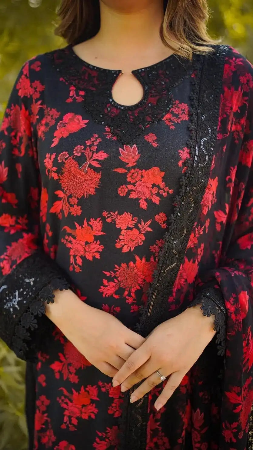 Black & Red Floral Printed Unstitched 3 Piece Suit with Lace Detailing