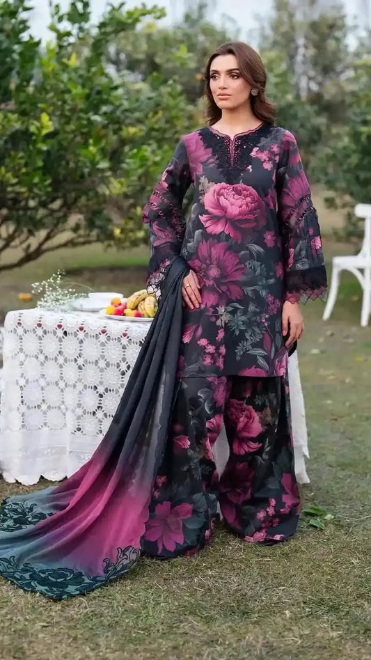 Midnight Magenta Floral Printed Unstitched 3 Piece Lawn Suit with Chiffon Dupatta