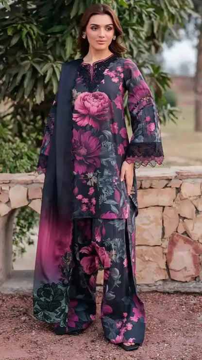 Midnight Magenta Floral Printed Unstitched 3 Piece Lawn Suit with Chiffon Dupatta
