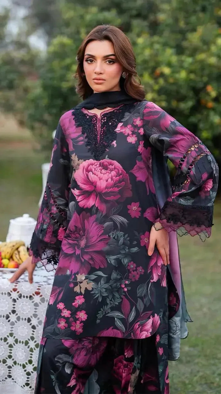 Midnight Magenta Floral Printed Unstitched 3 Piece Lawn Suit with Chiffon Dupatta