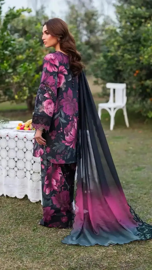 Midnight Magenta Floral Printed Unstitched 3 Piece Lawn Suit with Chiffon Dupatta