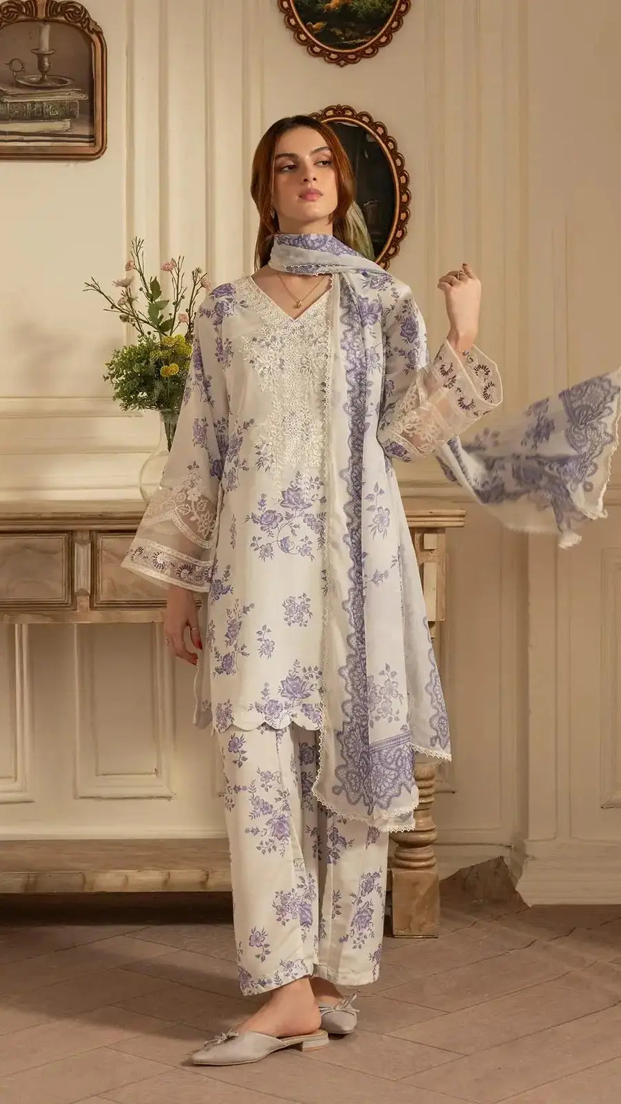 Unstitched Ivory Lavender Floral Lawn & Chiffon 3 Piece Suit with Sequence Embroidery