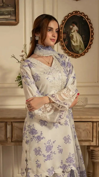 Unstitched Ivory Lavender Floral Lawn & Chiffon 3 Piece Suit with Sequence Embroidery