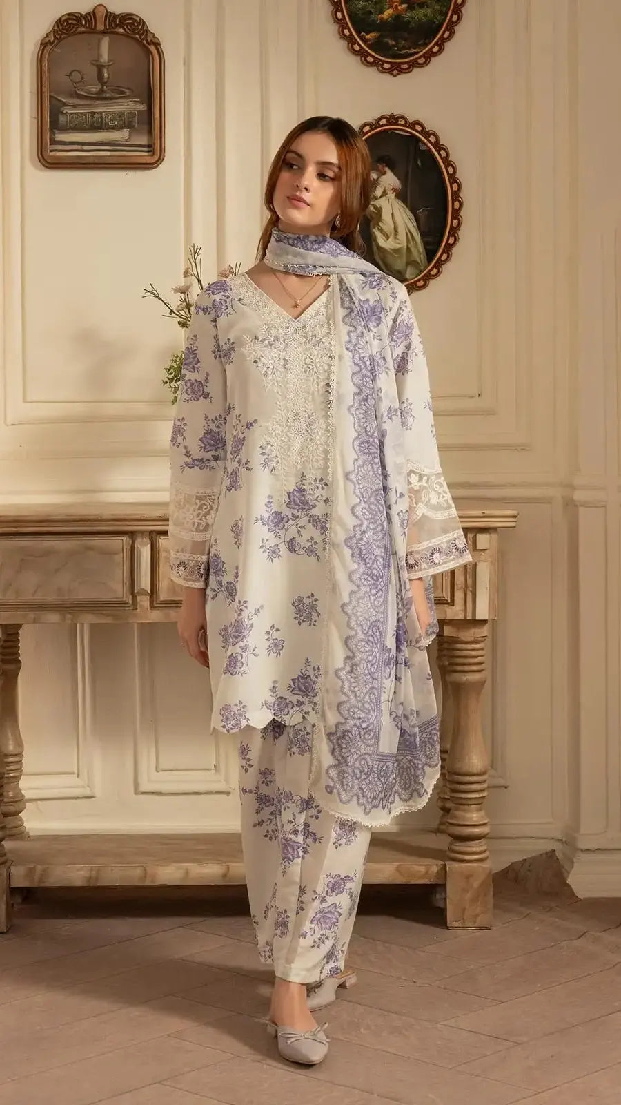 Unstitched Ivory Lavender Floral Lawn & Chiffon 3 Piece Suit with Sequence Embroidery