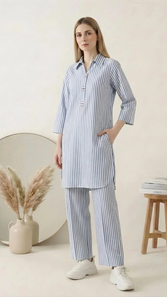 Sky Blue Striped Co Ord Set | Shirt & Trouser