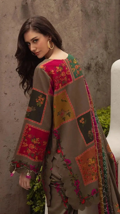 Unstitched Olive Patchwork Floral Printed Suit | 3 Piece