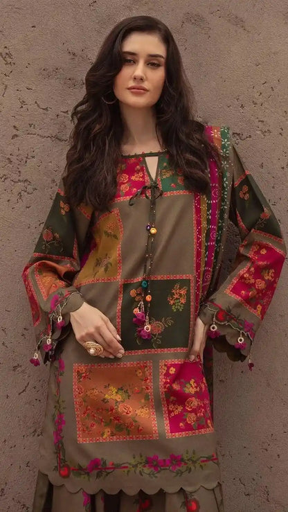 Unstitched Olive Patchwork Floral Printed Suit | 3 Piece