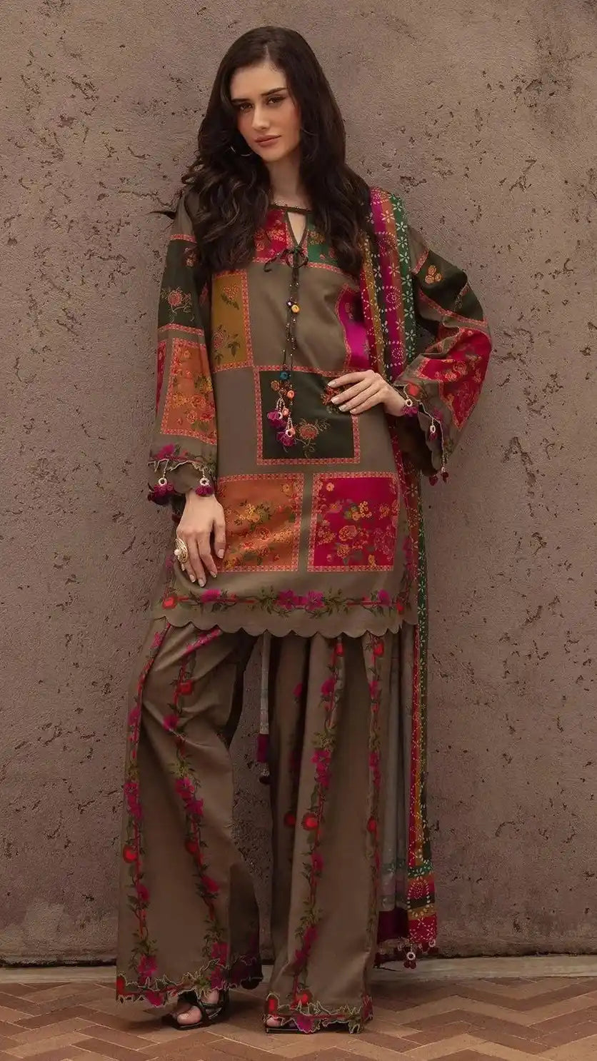 Unstitched Olive Patchwork Floral Printed Suit | 3 Piece