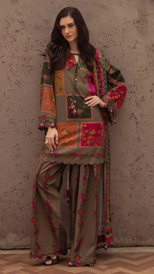 Unstitched Olive Patchwork Floral Printed Suit | 3 Piece