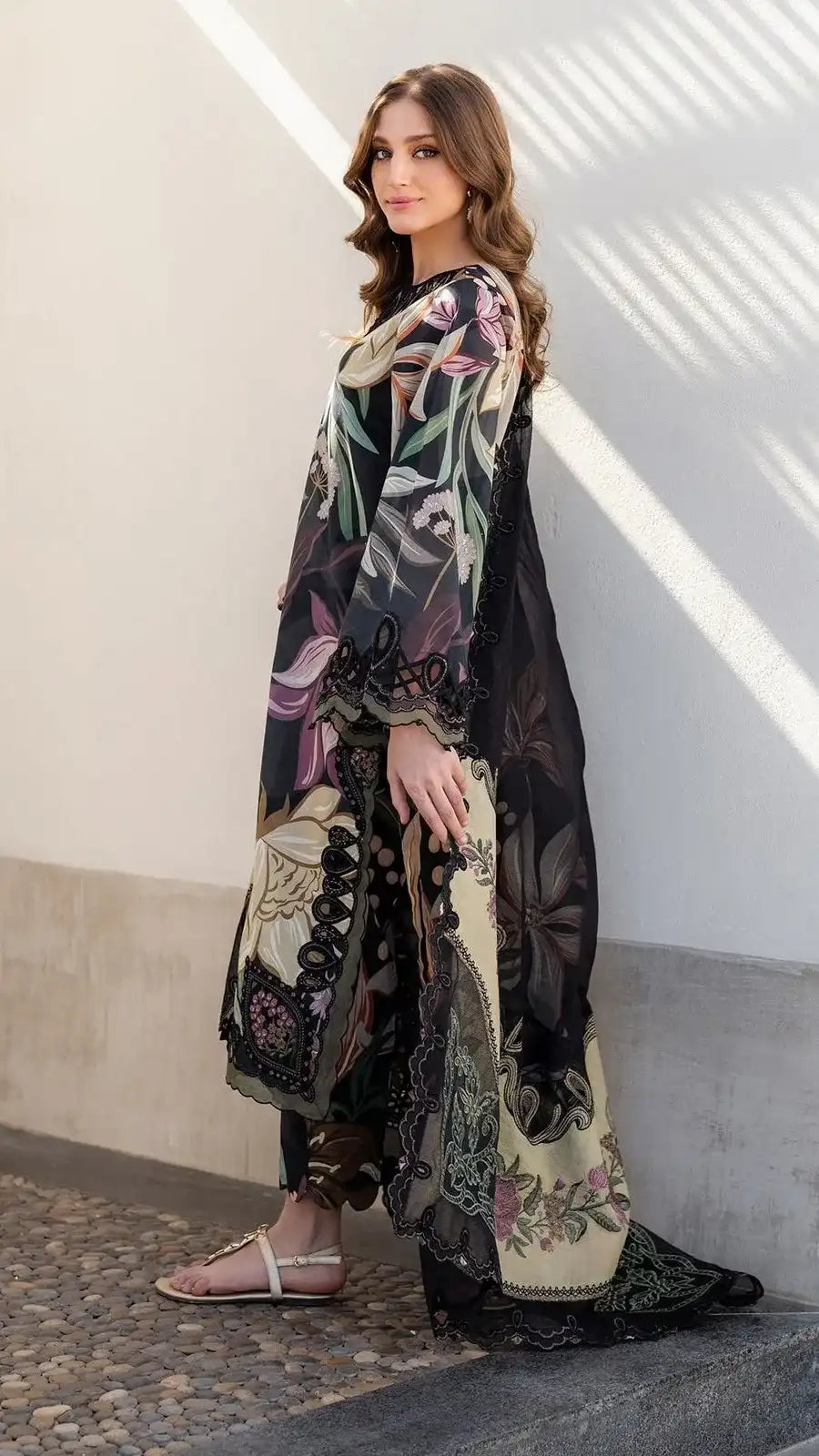 Premium Black Floral Printed Unstitched 3 Piece Suit with Embroidered Dupatta