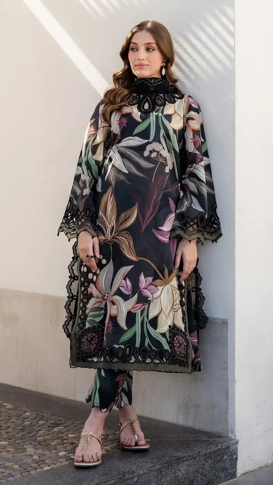Premium Black Floral Printed Unstitched 3 Piece Suit with Embroidered Dupatta