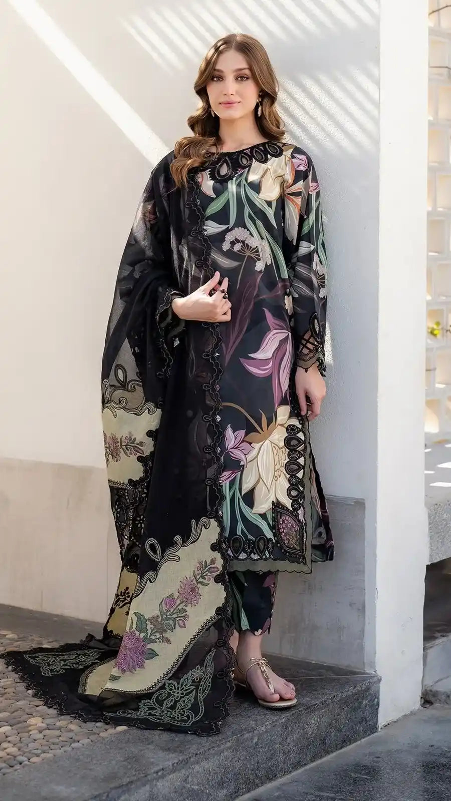Premium Black Floral Printed Unstitched 3 Piece Suit with Embroidered Dupatta
