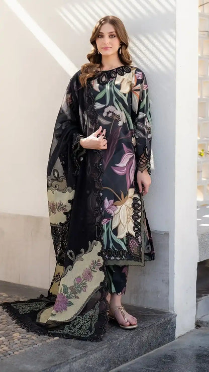 Premium Black Floral Printed Unstitched 3 Piece Suit with Embroidered Dupatta