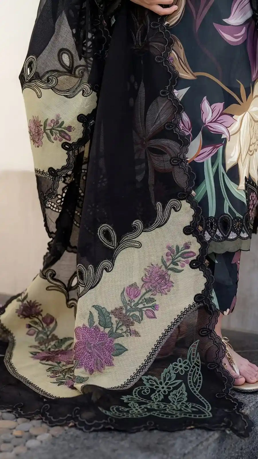 Premium Black Floral Printed Unstitched 3 Piece Suit with Embroidered Dupatta