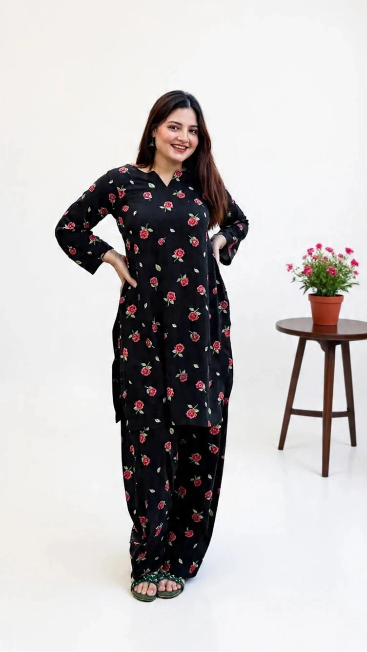 Midnight Rose 2 Piece Printed Boski Lelan Suit