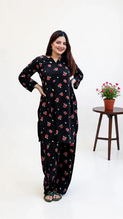 Midnight Rose 2 Piece Printed Boski Lelan Suit